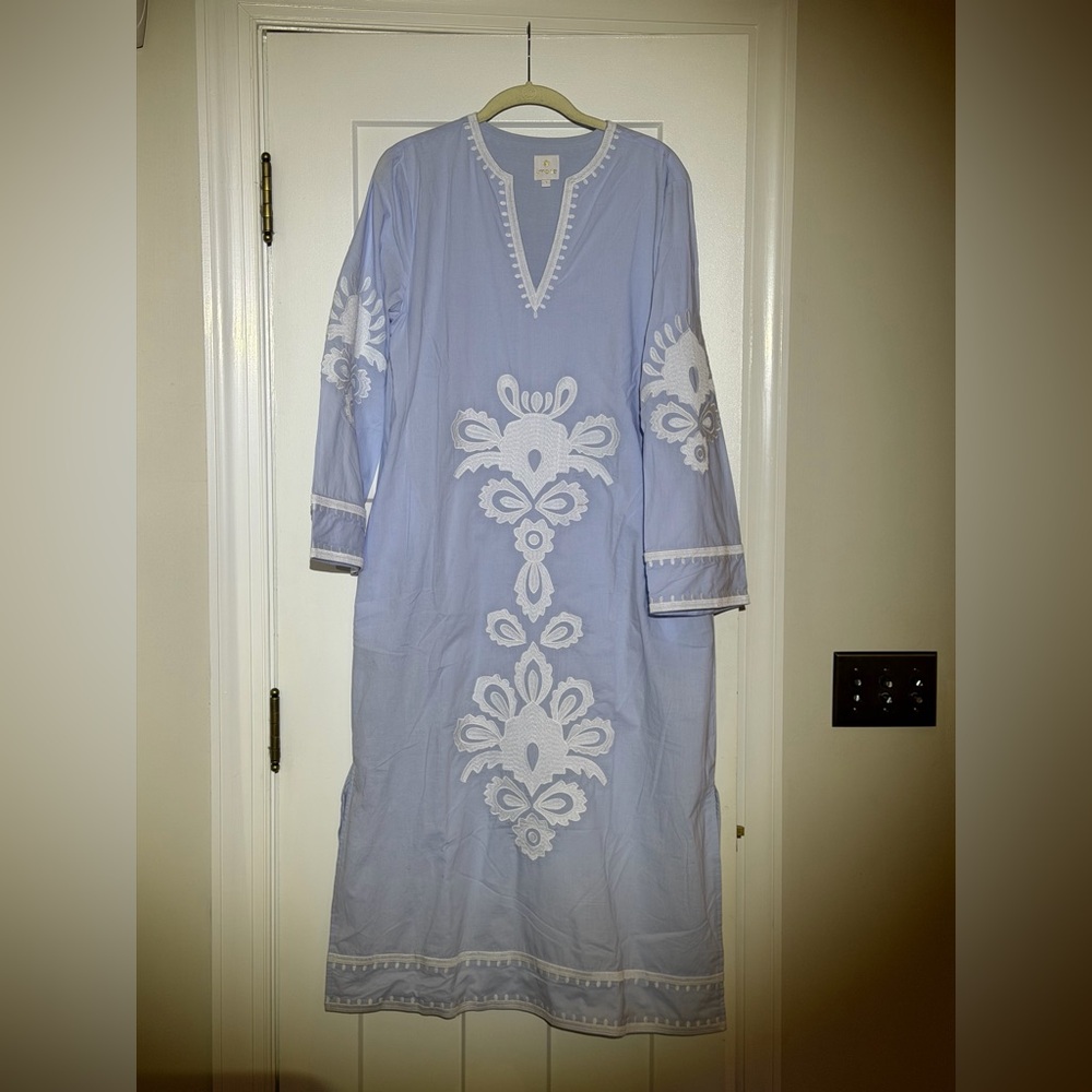 Embroidered Maxi Dress - Light Blue with White Detail